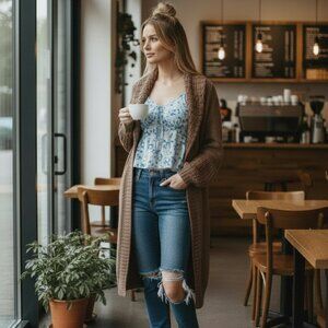 Y2K Wool Blend Old Navy M Cottage Cable Knit Snap Button Long Cardigan Jacket